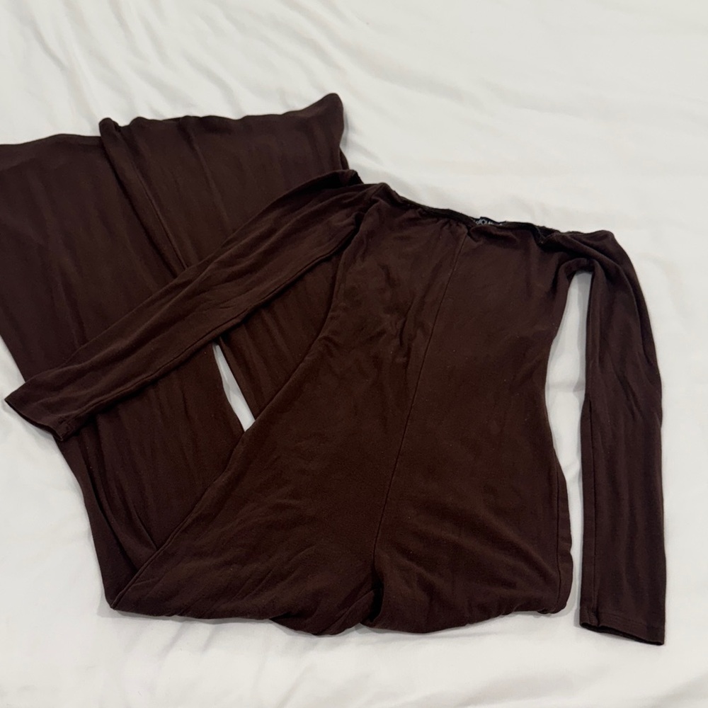 Brown Off-Shoulder Flared Jumpsuit